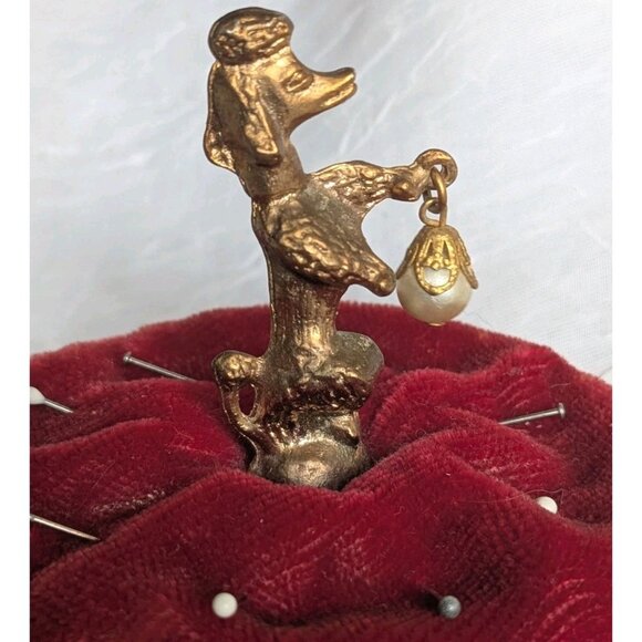 French Poodle Pin Cushion Pearl Gold Trinket Red Velvet Dog Jewelry Dish 60s Vtg - Picture 13 of 16